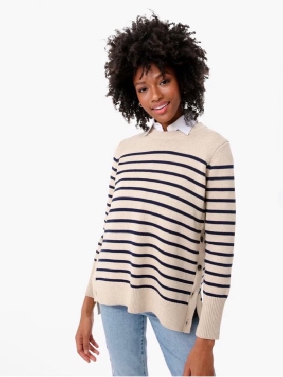 Tuckernuck Sweaters - Tuckernuck Melange Bar Harbor Striped Sweater Size SM tan navy crewneck cotton